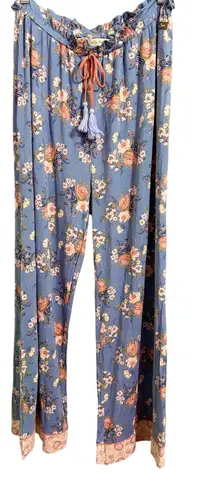 Matilda Jane Womens Blue Floral Wide Leg Lounge Pants Boho Tassel Drawstring L - Image 1