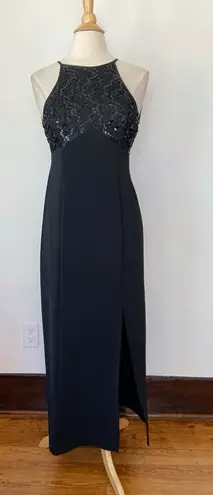 Betsy and Adam Vintage 90s Solid Black Full Length Sequin Prom Dress