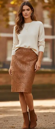 NEW Lauren Ralph Lauren Black Label Tooled Leather Pencil Skirt Sz 10 Brown Luxe