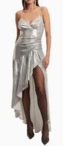 Bardot Silver Sequin Ruched High Slit Maxi Dress Formal Evening Gown