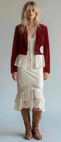 Vintage 70s Velvet Lace Reworked Whimsical Dainty Jacket Size Small Brown