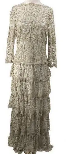 Tadashi Shoji  Tiered Lace Gown Scalloped Embroidered Dress Beige Ivory Womens 10