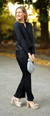 Able Tatiana Satin Collared Long Sleeve Button Front Blouse Shirt Black Small