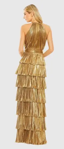 Mac Duggal NWT 30763 Gold High Neck Pleated Tiered Ruffle Metallic Gown Size 12
