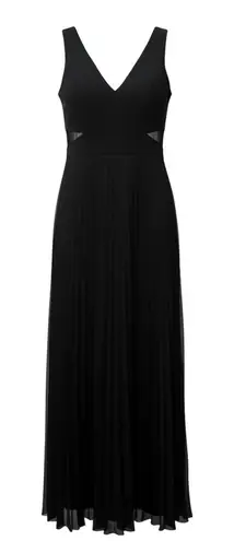 XScape Black Pleated Chiffon Evening Gown – Padded Bodice, Sheer Cutouts, Size 6
