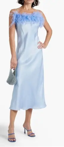 Sleeper NEW Boheme Feather Slip Dress Blue Satin Midi Size M Ostrich Versatile
