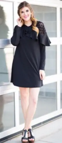 Black Polka Dot Mesh Neck Ruffle Trim A Line Dress Black Size M