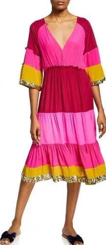 Figue Silk Crepe Pink Colorblock Gold Sequin Trim Midi Dress Bohemian | S