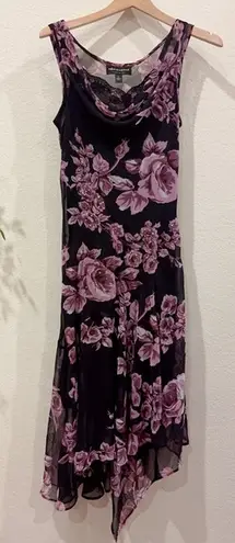 Connected Apparel Black with Rose Floral Asymmetric Stretchable Midi Dress M