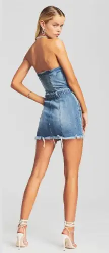 Retrofete Ashlyn Strapless Belted Raw Hem Denim Mini Dress Sea Blue Women's XS