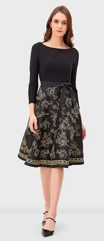 Eshakti Jersey Knit Embroidery Dupioni Dress Black Gold Floral Size 10 Old Money