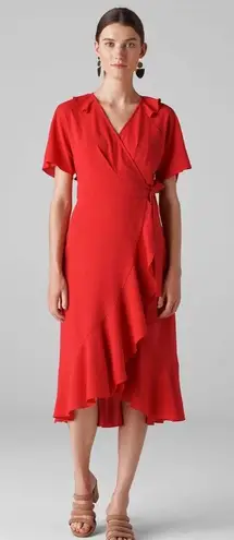 Whistles Abigail Frill Wrap Dress Size 2 Red Ruffles Back Cutout Midi New