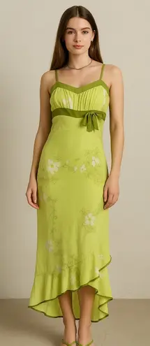 Studio Y Y2k Size 9 Light Green Floral Maxi Dress Spaghetti Strap Ruffle Fairy