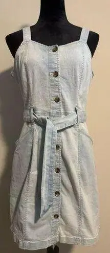 SO EUC  Overall Denim Jean Dress Button Down Light Wash Pockets Belted Size M