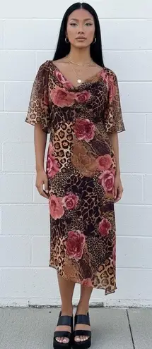 Vintage 90s Y2K Patra Asymmetrical Draped Cowl Leopard Rose Floral Midi Dress Brown Size 6