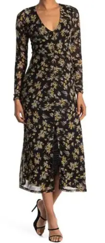 AFRM Tezza Black & Yellow Floral Ruched Mesh Midi Long Sleeves Dress Womens XS