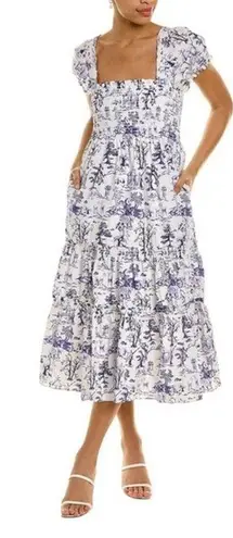 NWT O.P.T. Daphne Toile Blue White Print Tiered Midi Dress (S)