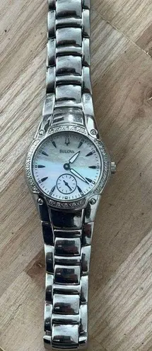 Bulova Diamonds Ladies Watch Pearl Dial Stainless Bracelet Blue Markers 96R55