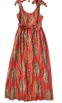 NWT Cella & Flo Midi Dress Womens Medium Pink Orange Indian Tiger Block Print
