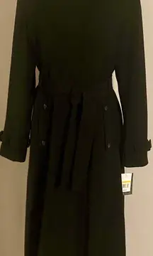 NWT  Water Resistant Long Black Coat With Removable Hood Liner & Belt