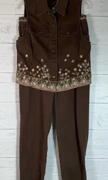 Vintage Susan Bristol Women’s Brown Corduroy Vest&pants set Floral Embroidery M