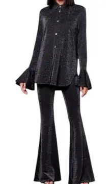 NWT SLEEPER Cosmos Black Sparkle Flare Luxury Party Pajamas 2 Piece Set Size XS