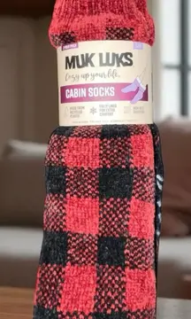Muk Luks Buffalo Check Slipper Socks Faux Fur Lined Warm Cabin 2 Pk S/M Gift