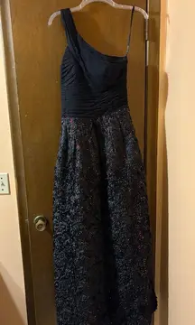 ML Monique Lhuillier Black Sleeveless Asymmetrical Sequin 3D Flower Skirt Gown