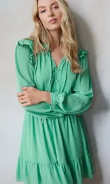 LC LAUREN CONRAD | Adel Blue Jacquard Ruffle Neck Button Front Tiered Dress