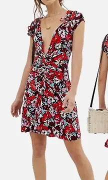 Free People Key To Your Heart Red Floral Short Sleeve Mini Dress Size Medium