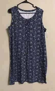 Lands End Sleeveless Cotton Tank Dress Blue Stars Print Pintuck Size Large New