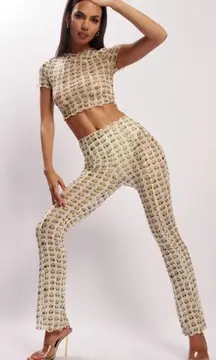 Meshki Nora Mesh Straight Leg Pant Sheer Alien Print Cream‎ Green Size XL