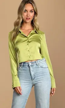Lulus Welcome Back Light Green Satin Tie-Back Button-Up Crop Top, Small, NWT