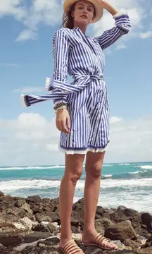 J Crew‎ Striped Poplin Cotton Tunic Dress Sz 6 Blue Nautical Preppy Belted Beach