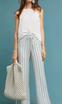Cloth &‎ Stone Blue & White Stripe Wide Leg Split Hem Linen Blend Pants Sz Large