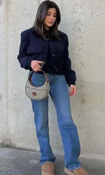 Casual Bomber Jacket Coat Navy Blue Cropped Blogger