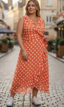 NWT London Times Chiffon Ruffle Maxi Dress (Plus) 22W, ORANGE/ WHT Polka Dot