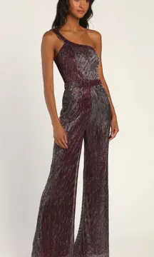 Lulu’s Glitter Girl Shiny Purple One Shoulder Jumpsuit Size M