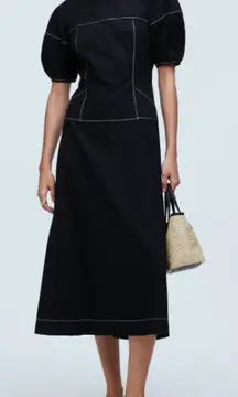 Madewell Size 12 Poplin Cotton Puff-Sleeve Drop-Waist Midi Dress Summer LBD‎ NWT