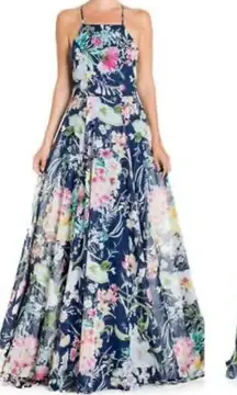 Meghan LA Women's Blue Floral Criss Cross Back Chiffon Maxi Dress Size M