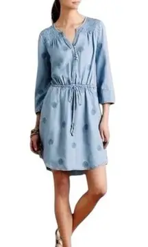 Anthropologie Holding Horses Embroidered Feather Print Chambray Dress L