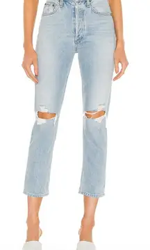 Agolde Riley High Rise Straight Crop Rip Knee Distressed Jeans Clear Skies 28"