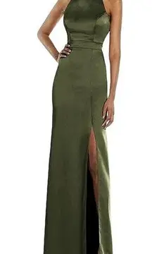 Lovely Olive Green Lux Charmeuse Satin High Neck Backless Maxi Dress Size 0 NWT