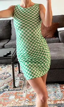 Green Checkered  Ruched Dress