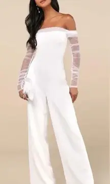 Lulus Eternal Bliss White Tulle Off-The-Shoulder Wide-Leg Jumpsuit Size L