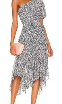 ASTR Santorini One Shoulder Puff Sleeve Midi Dress Blue & Peach Floral Medium M