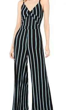 Bar III Jumpsuit Women 14 Black Blue Striped Twist Front‎ V Neck Wide Leg
