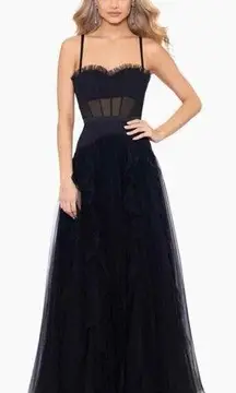 BETSY & ADAM "Tia" Long Mesh Corset Ballgown in Black Size US 6