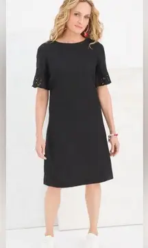 Chico’s Women’s Black Linen Shift Dress Cut Out Sleeve Classic Eyelet Embroidery