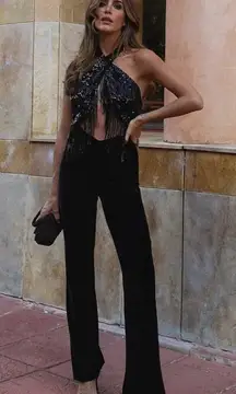 ZARA SEQUINNED HALTER JUMPSUIT WITH FRINGING BLACK FW24 SIZE Large REF. 0387/167